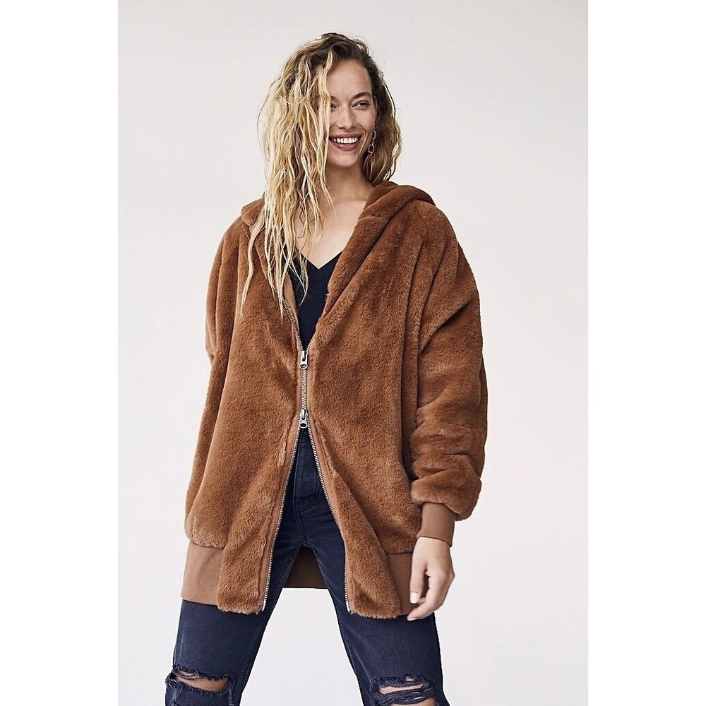 Free People Turn Up Zip Off Hoodie Teddy Polar Sz L Grunge Casual Warm Soft - Picture 3 of 12